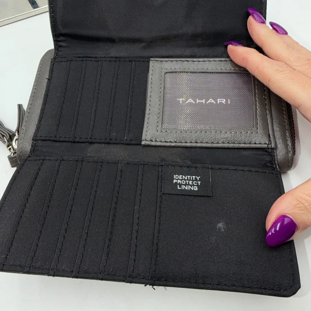Tahari Gray Wristlet Wallet RFID Identity Protect Zip Around Clutch